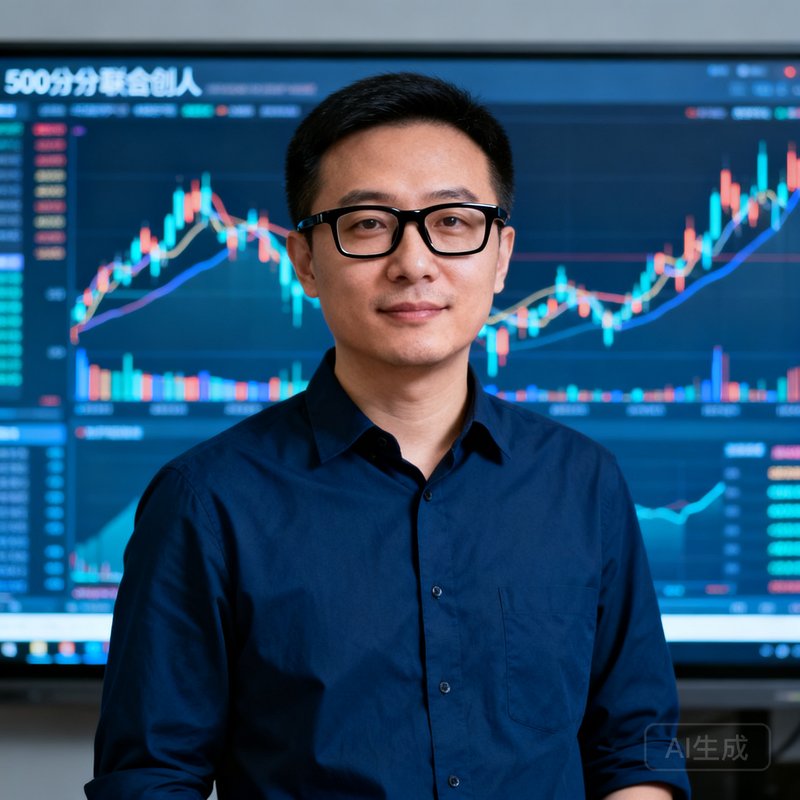 张磊，500比分联合创始人兼首席执行官，戴黑框眼镜，穿深蓝色衬衫，背景为数据大屏