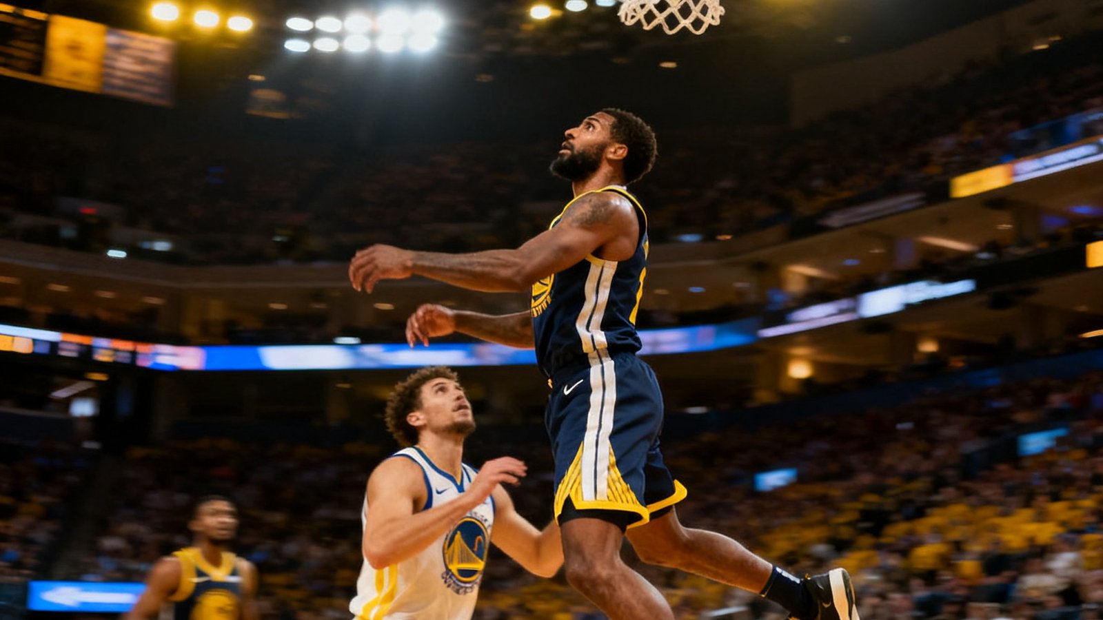 NBA季后赛高清直播画面，球员突破上篮，篮球飞向篮筐，场馆灯光璀璨