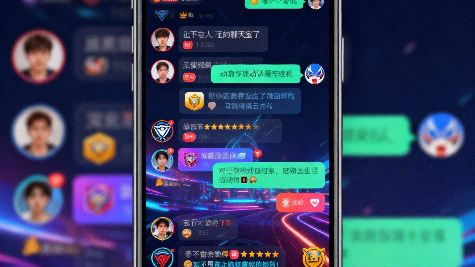 球迷社区界面展示，手机屏幕上显示比赛直播间聊天室，多条实时评论滚动，用户头像和消息气泡丰富多样